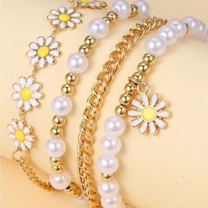Elegant Gold and White Daisy Pearl Bracelet Set